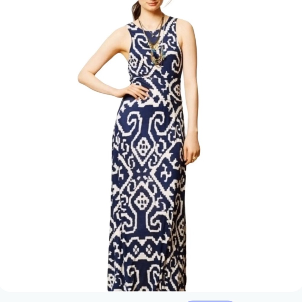 Anthropologie Maeve Navy & White Ikat-Print Sleeveless Maxi Dress